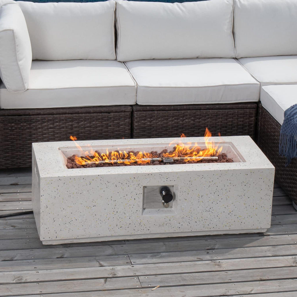 Outdoor Propane Fire Pit Coffee Table, 42-inch x 13-inch Terrazzo Rectangle Base Patio Heater w Certified, 50,000 BTU