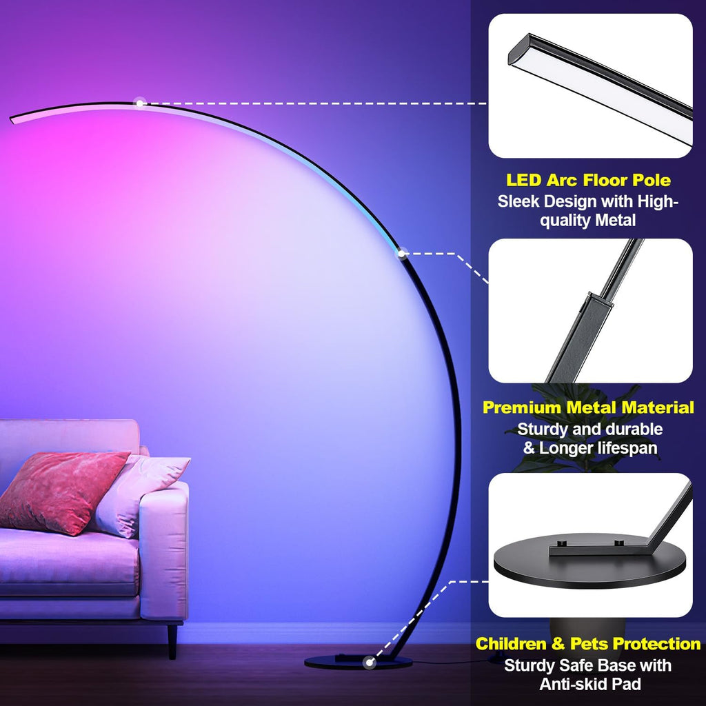 RGB Floor Lamp with 3 Color Temperatures, Ultra Bright 1800LM Smart Arc LED Floor Lamp with Remote Control, Music Sync