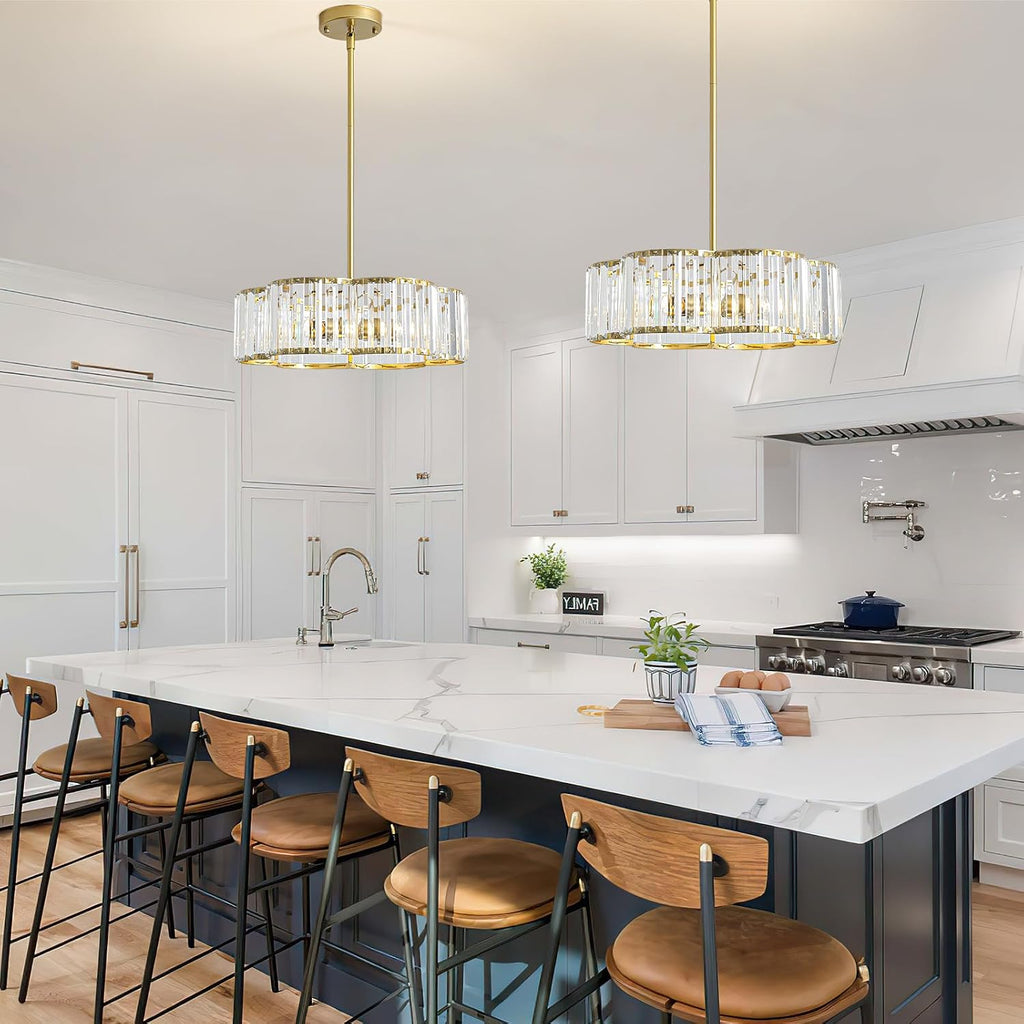 Modern Gold Crystal Chandelier for Dining Room 16 Inch | Semi Flush Mount Ceiling Light Fixture 3-Light,Round Kitchen