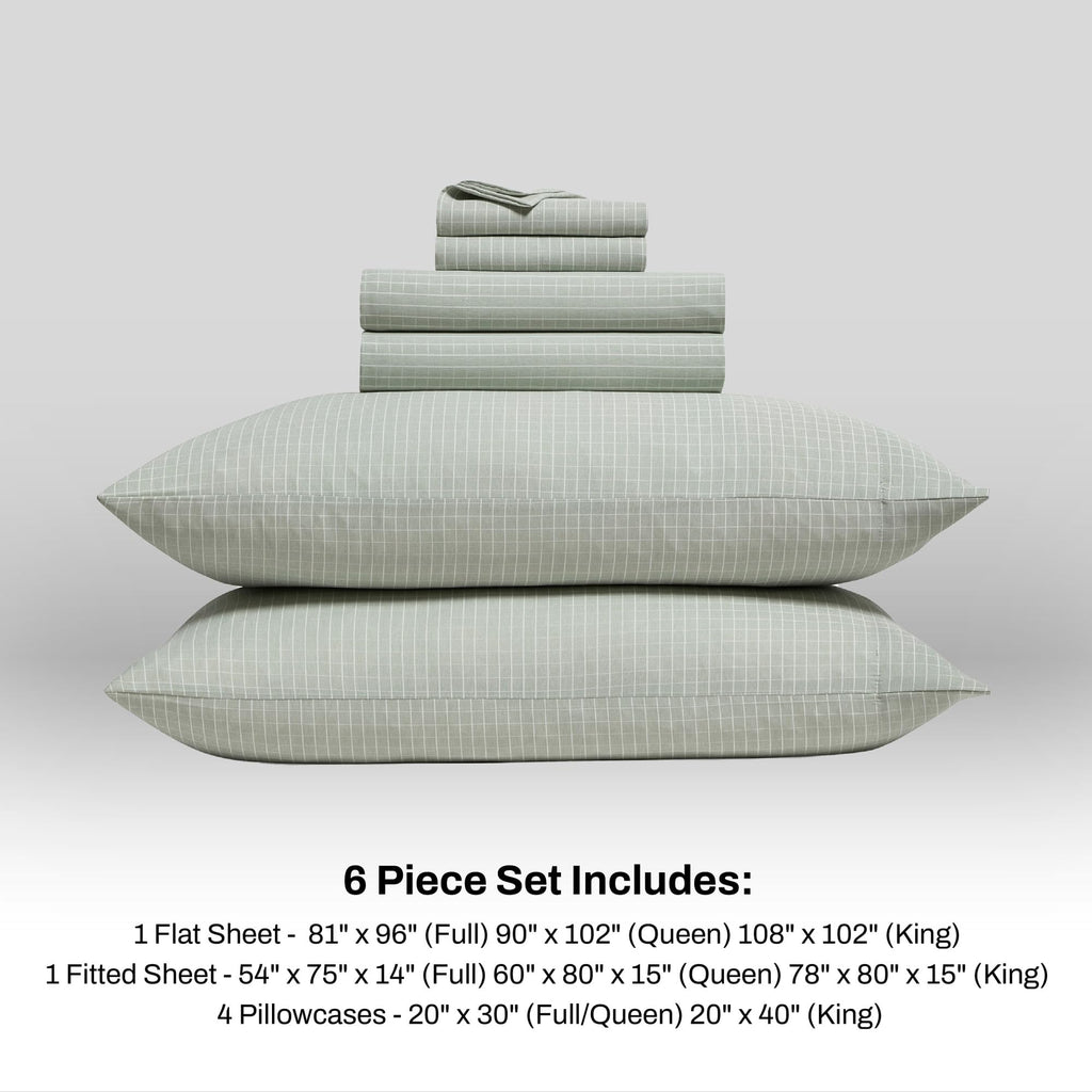 Queen Sheet Set 6-Piece Heather-Hue Windowpane Check Bed Sheets Green
