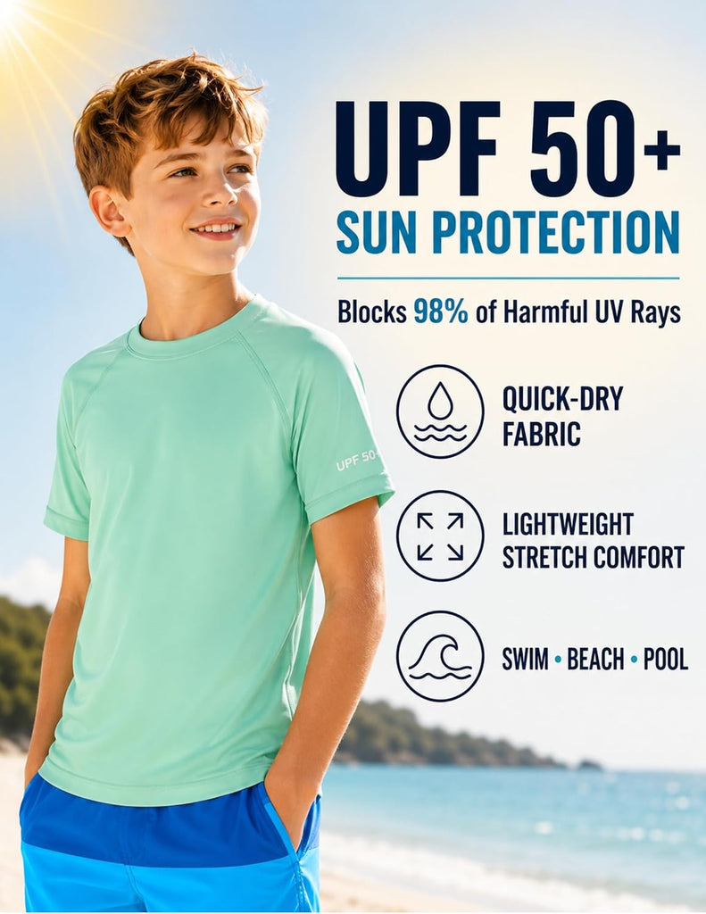 3 Pack Youth Boys Short Sleeve Rash Guard Swim Shirts