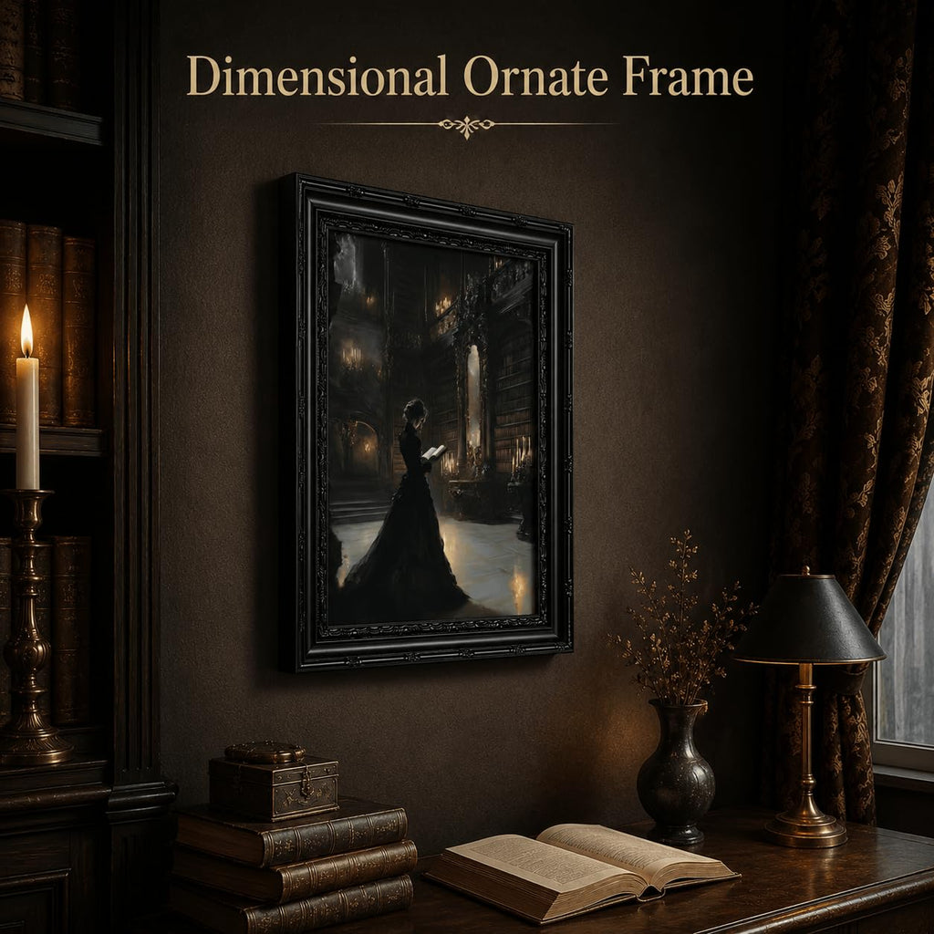 Black Framed Wall Art Victorian Woman Reading Canvas Print Dark Academia Library Decor Picture Moody Gothic Vintage