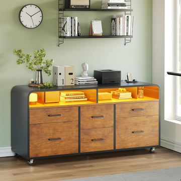 6 Drawers File Cabinet with Power Strip fits Legal/Letter/A4 Size | 47" Wood Mobile Lateral Filing Cabinet , Printer