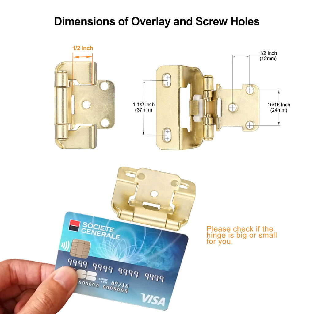 Gold Kitchen Cabinet Hinges, 1/2" Overlay, 4 Pack