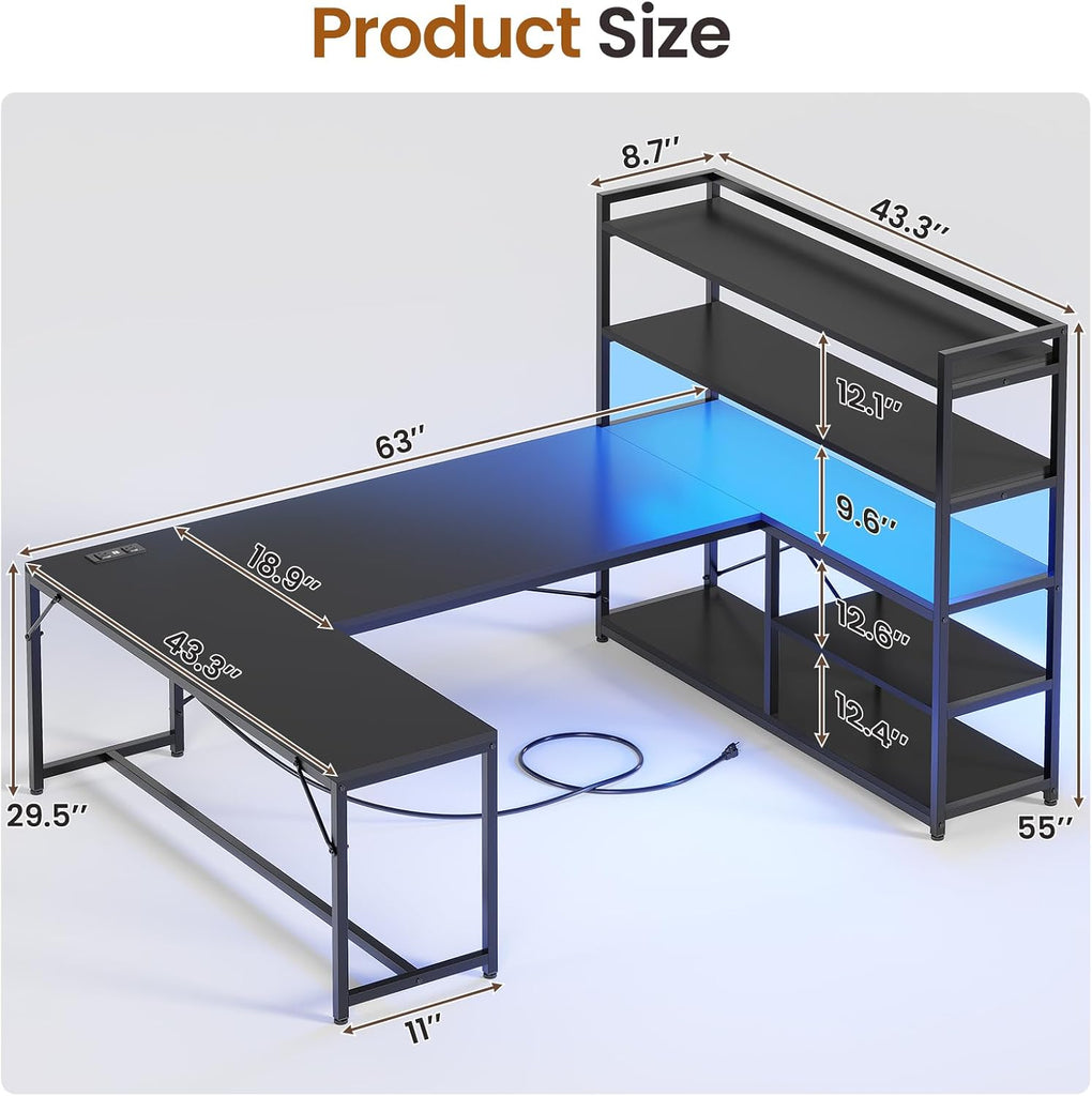 L Shaped Gaming Desk, 63'' Reversible Computer Desk with Power Outlet and Storage Shelves, Corner Gaming Desk with
