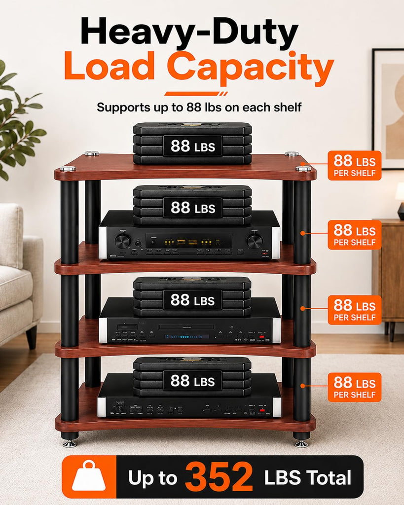Heavy Duty 4-Tier AV Media Stand, 352 lb Load Capacity, Teak