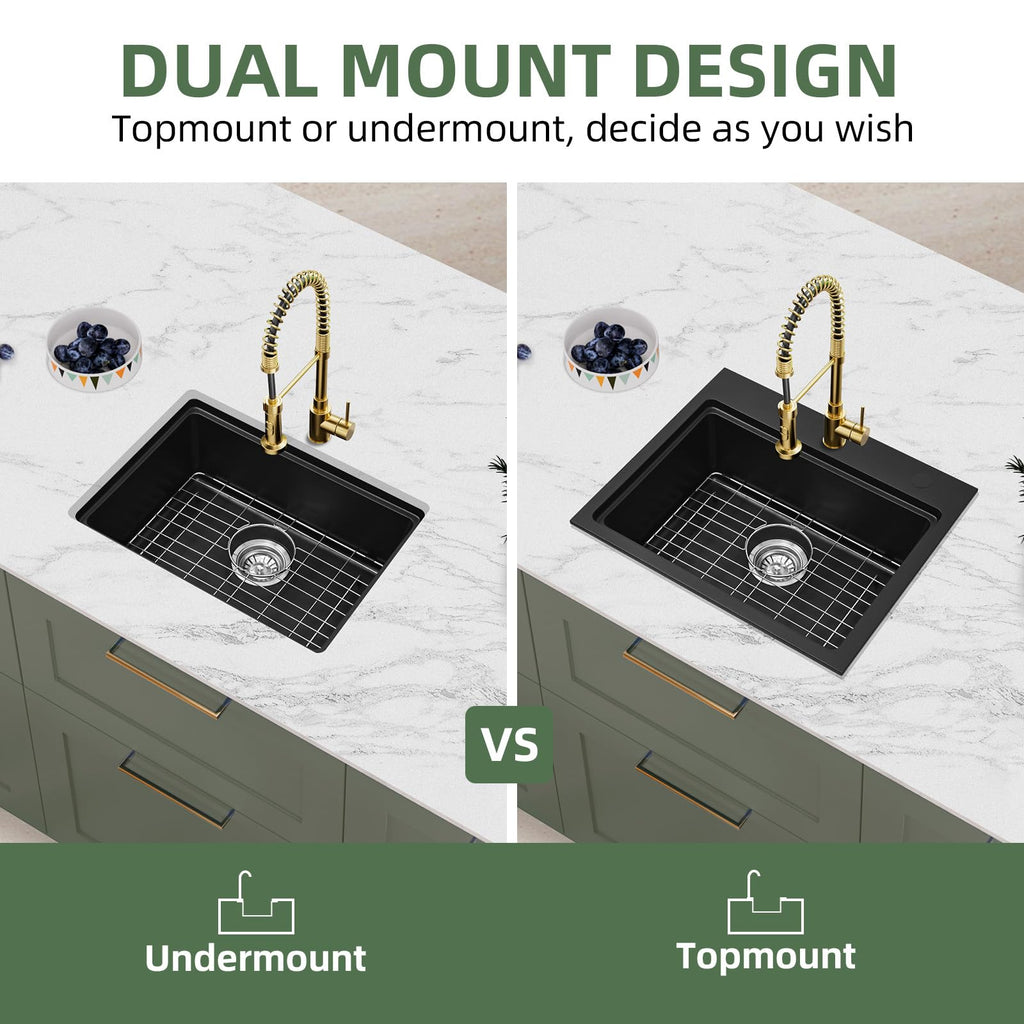 22 Inch Granite Kitchen Sink Workstation, 22 x 19 Black Drop In/Undermount Kitchen Sink, Deep Quartz Composite Single