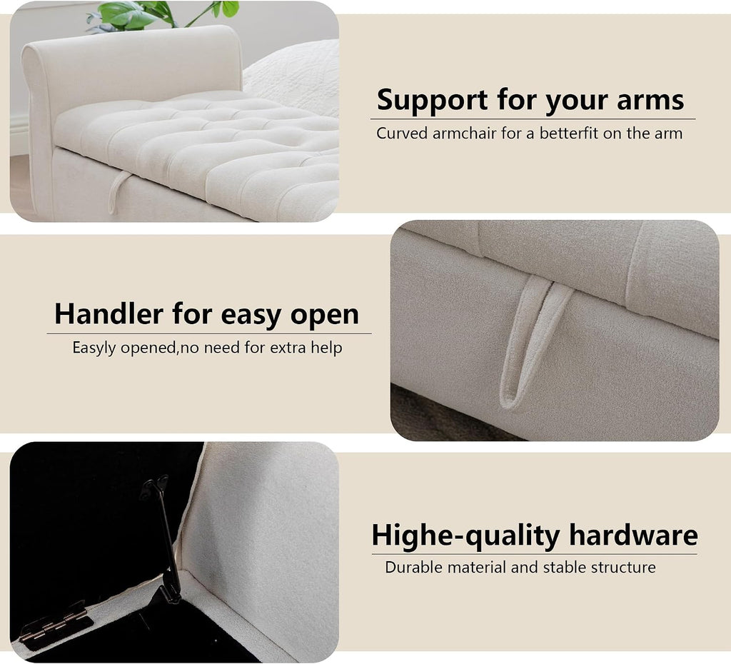 66" End of Bed Storage Bench King Size Beige,Napped Fabric Window Bench with Dual-Opening Compartments,Long Tufted