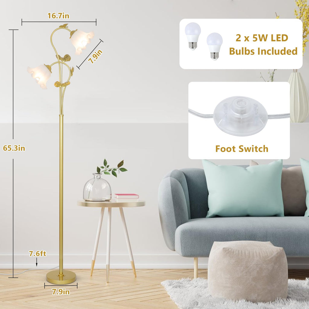 Gold Floor Lamp, Flower Standing Lamp with 2 LED 5W Blubs, Foot Switch, Floral Tall Lamp with Acrylic Shade, Antique