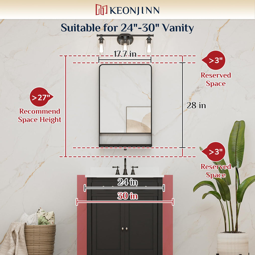 18 x 28 Inch Black Bathroom Mirror with Shelf, Rust-Resistant