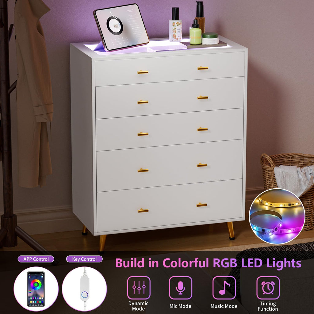 Drawer Dresser with Glass Top and LED Lights, White