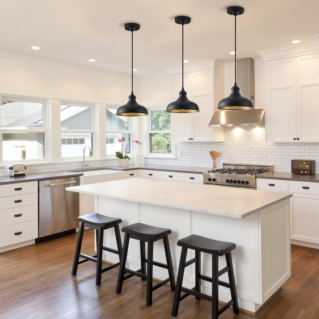 10in Dome Outdoor Pendant Barn Lights Black Kitchen Island Pendant Lamp with Brass Interior