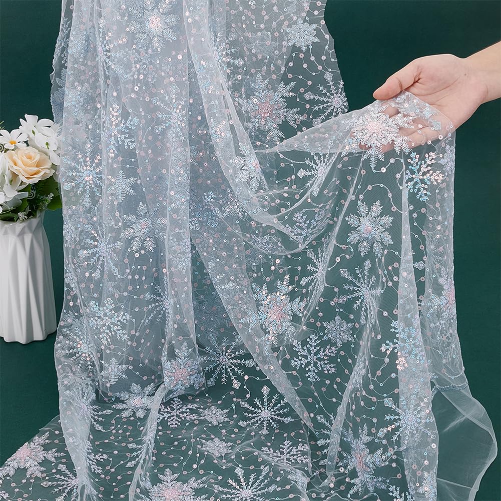 1 Yard Snowflake Sequins Tulle, 61inch Light Blue