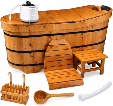 47" Cedar Wood Japanese Soaking Tub - Adult Wooden Bathtub with Steam Package & Accessories