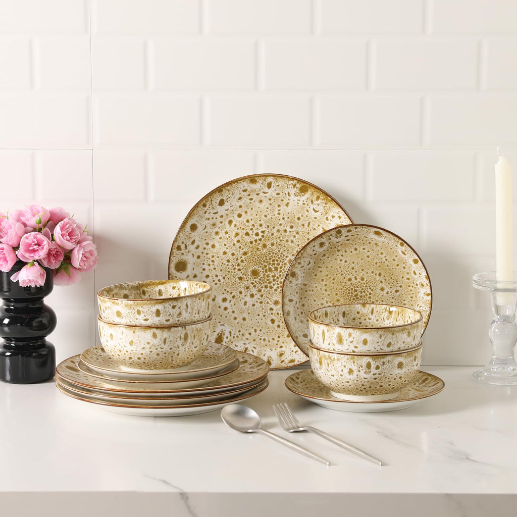 12 Pcs Speckled Glaze Ceramic Dinnerware Set for 4, Vintage Brown