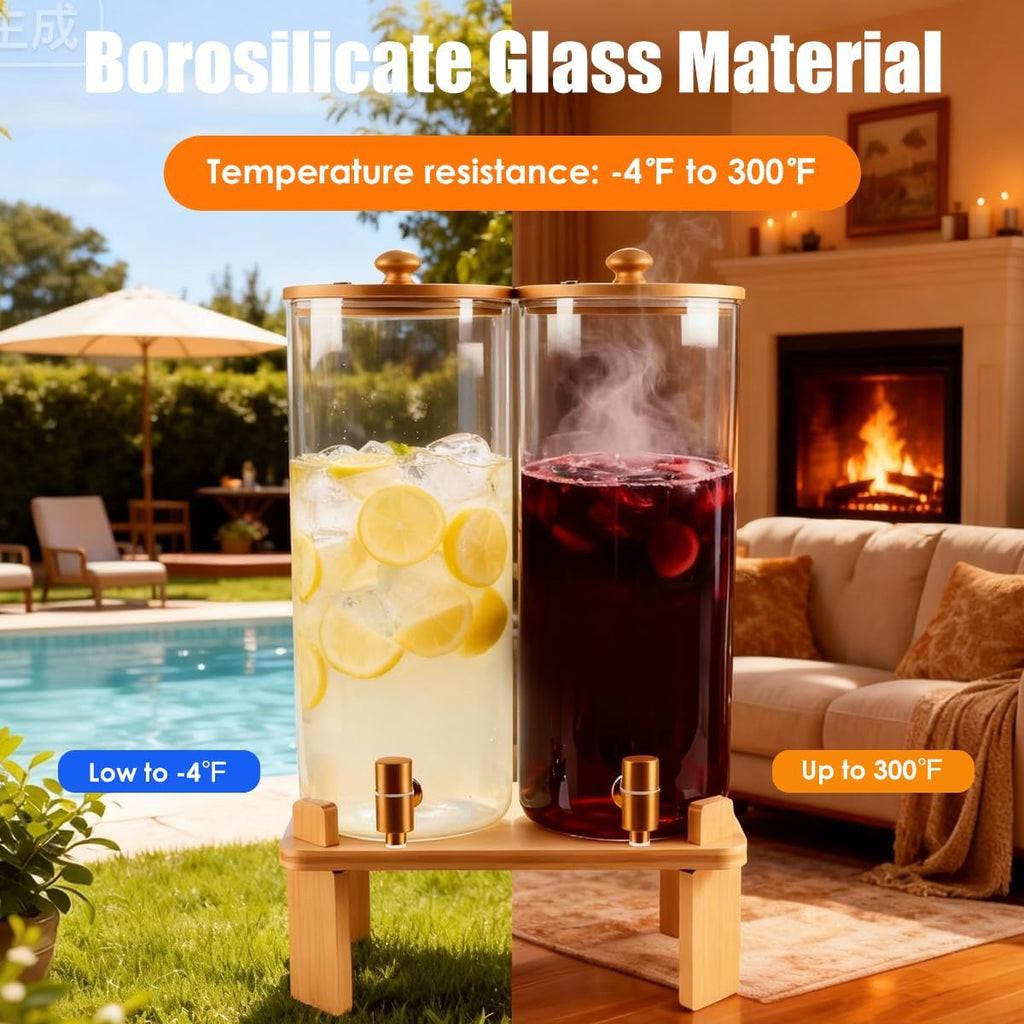 Gallon 2 Pack large Glass Drink dispenser for parties,Beverage Dispenser With Wood Stand,Water Dispensers - Set of 2