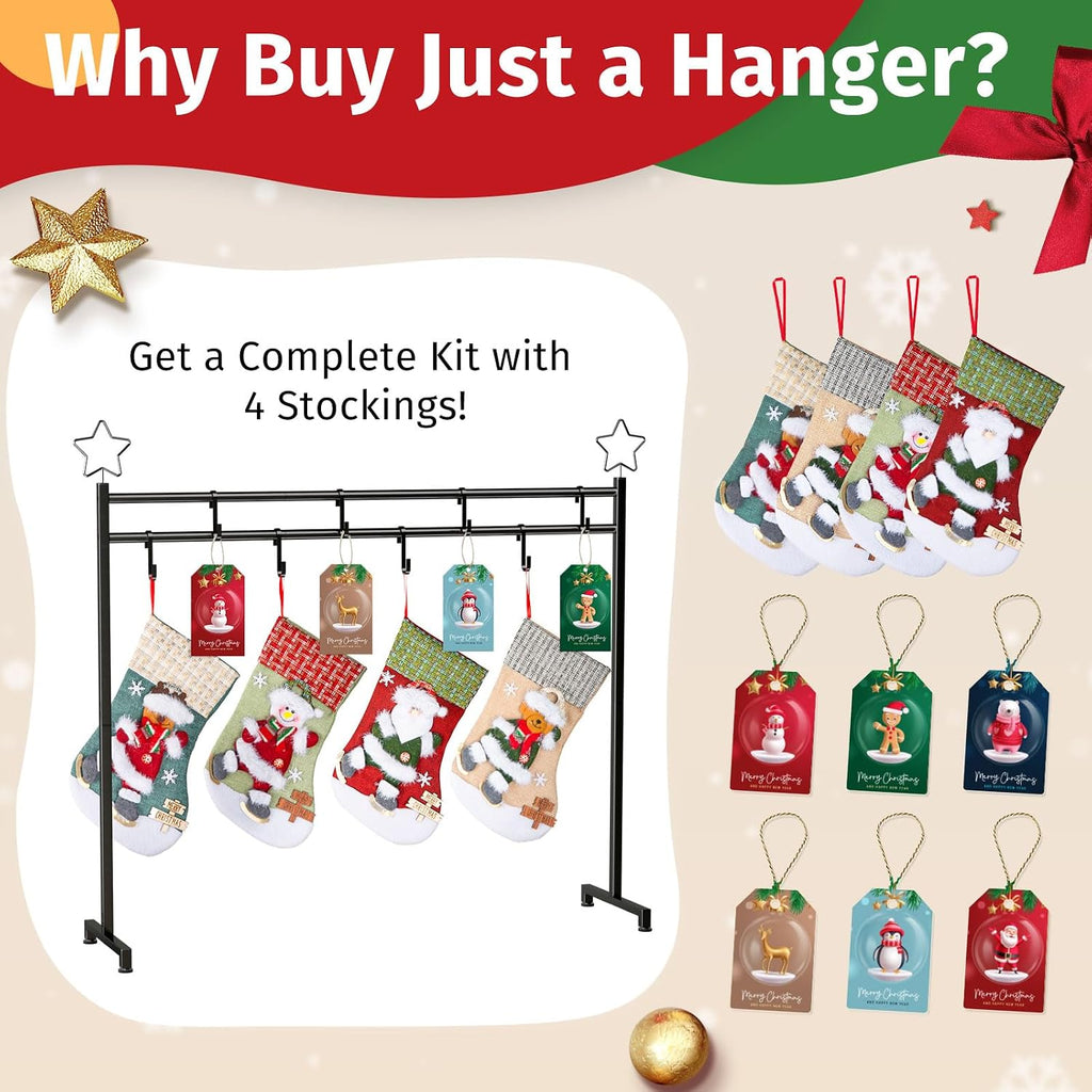 Christmas Stocking Holder Stand with 4 Stockings, Metal freestanding Christmas Stocking Hanger with 8 Hooks