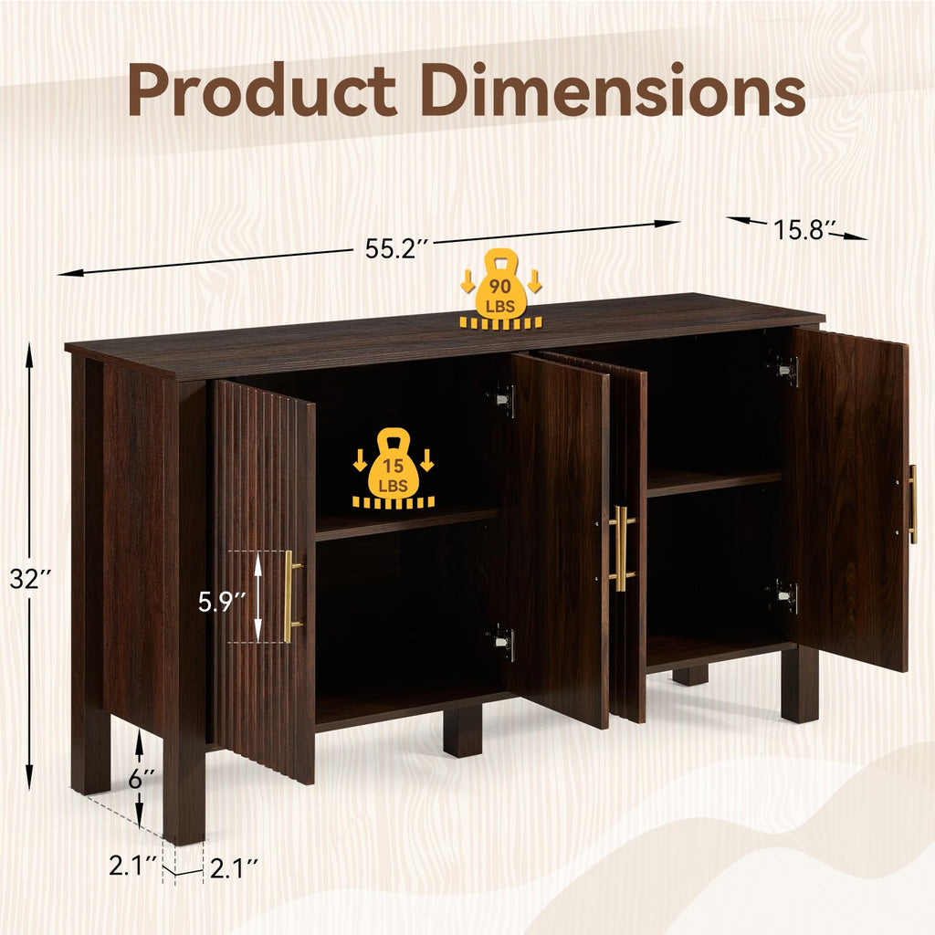 Brown Mid-Century 4-Door Fluted Buffet Cabinet with Storage