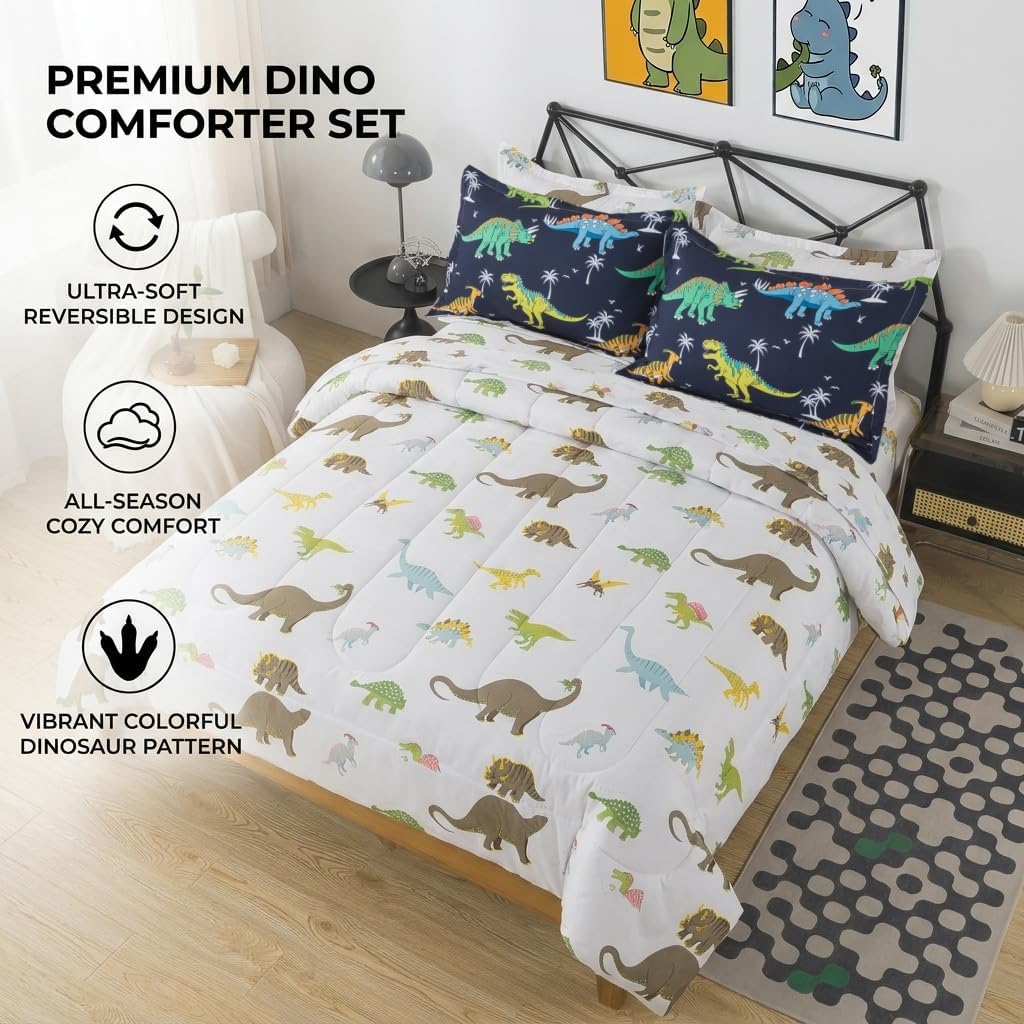 7 Pieces Dinosaur Comforter Full Kids Jungle Dinosaur Bedding Set Bed in A Bag for Boys T-Rex Dino Comforter and