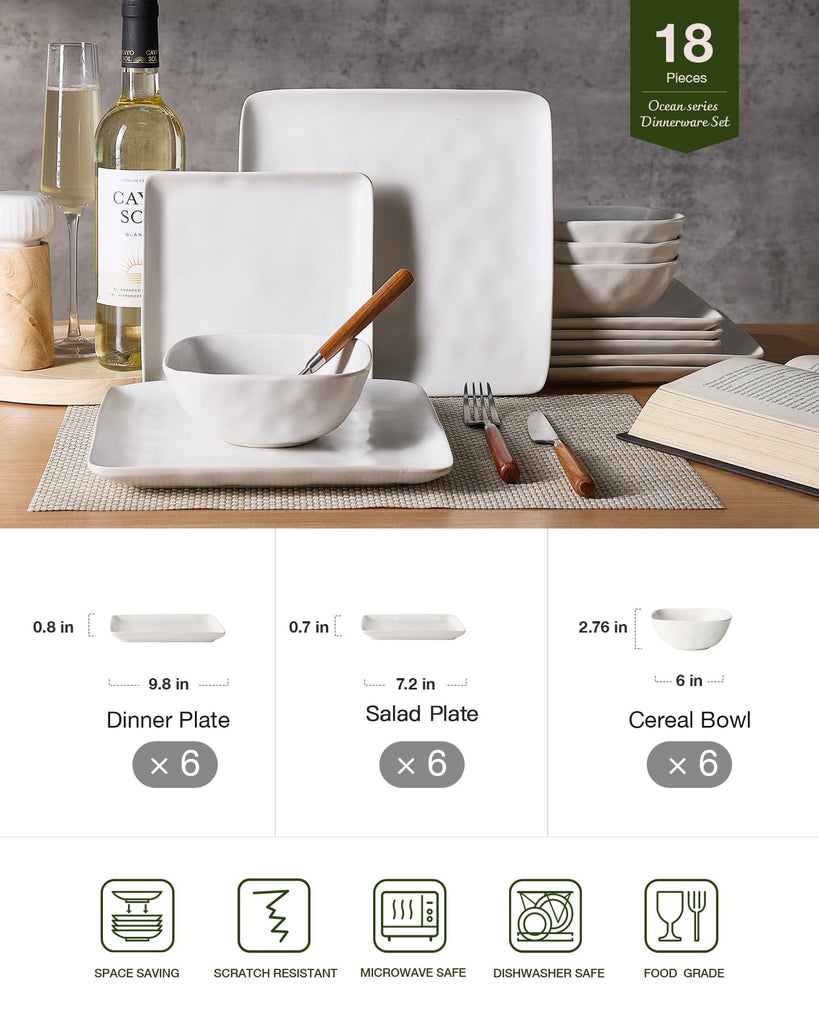 Square Ceramic Dinnerware Set for 6, Plates and Bowls, Matte White