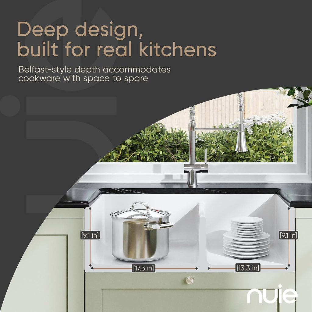 White Kitchen Sink 33 inch 60/40 Double Bowl Apron Front Farmhouse Sink, Stepped Weir Design, Fireclay Ceramic