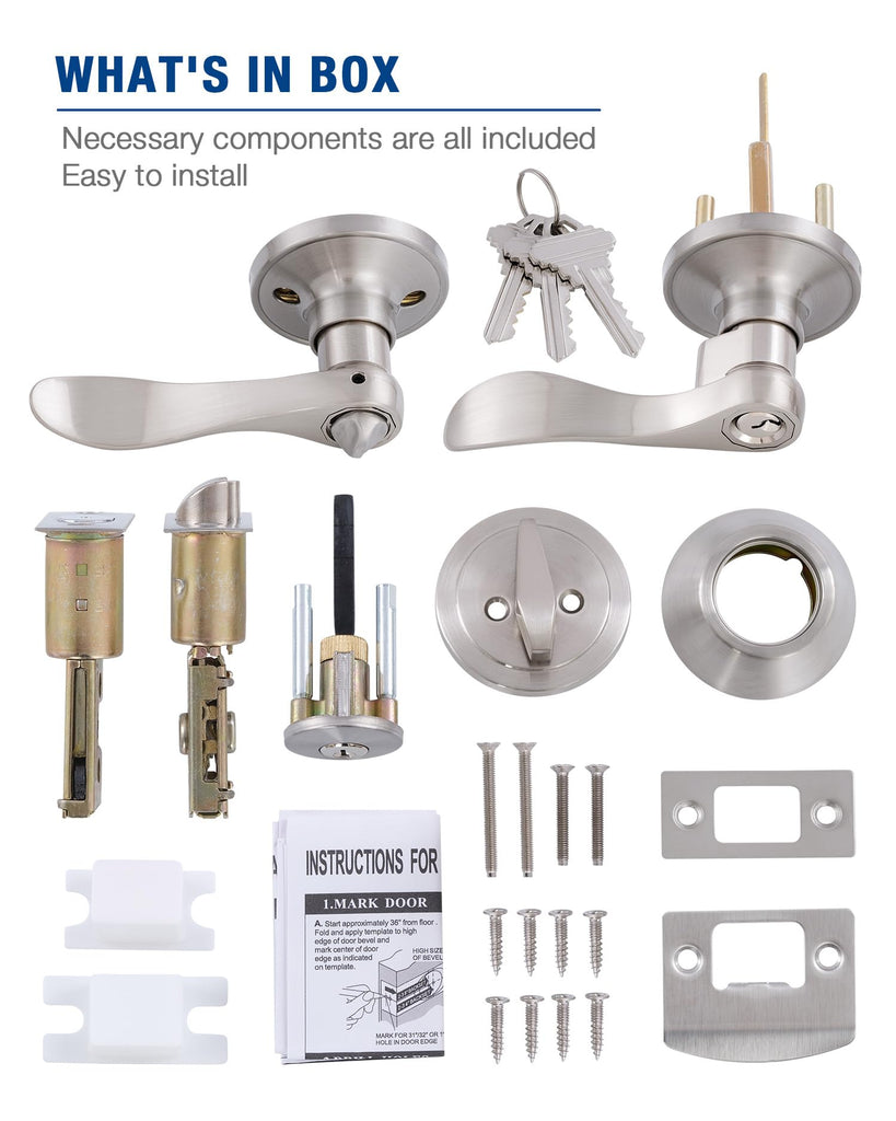 5 Pack) Keyed Alike Front Door Lever Lockset with Single Cylinder Deadbolt Combination Set, Wave Style Lever, Front