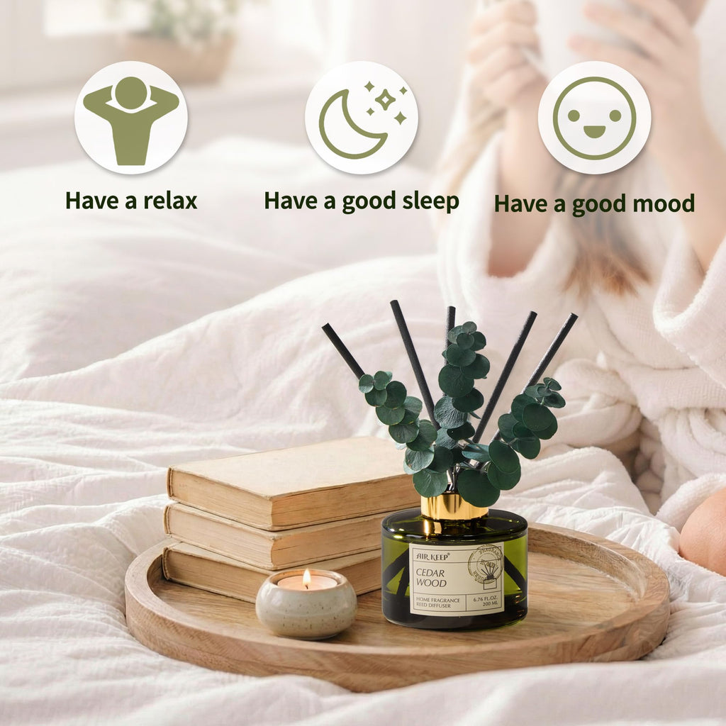 Reed Diffuser Set with 6.76 fl oz Cedar Wood Scent Essential Oils and 3 Leaves & 8 Diffuser Sticks, Bathroom Shelf