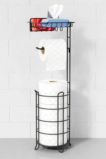 Matte Black Free Standing Toilet Paper Holder Stand with Shelf, Freestanding Bathroom Tissue Dispenser with Wipes