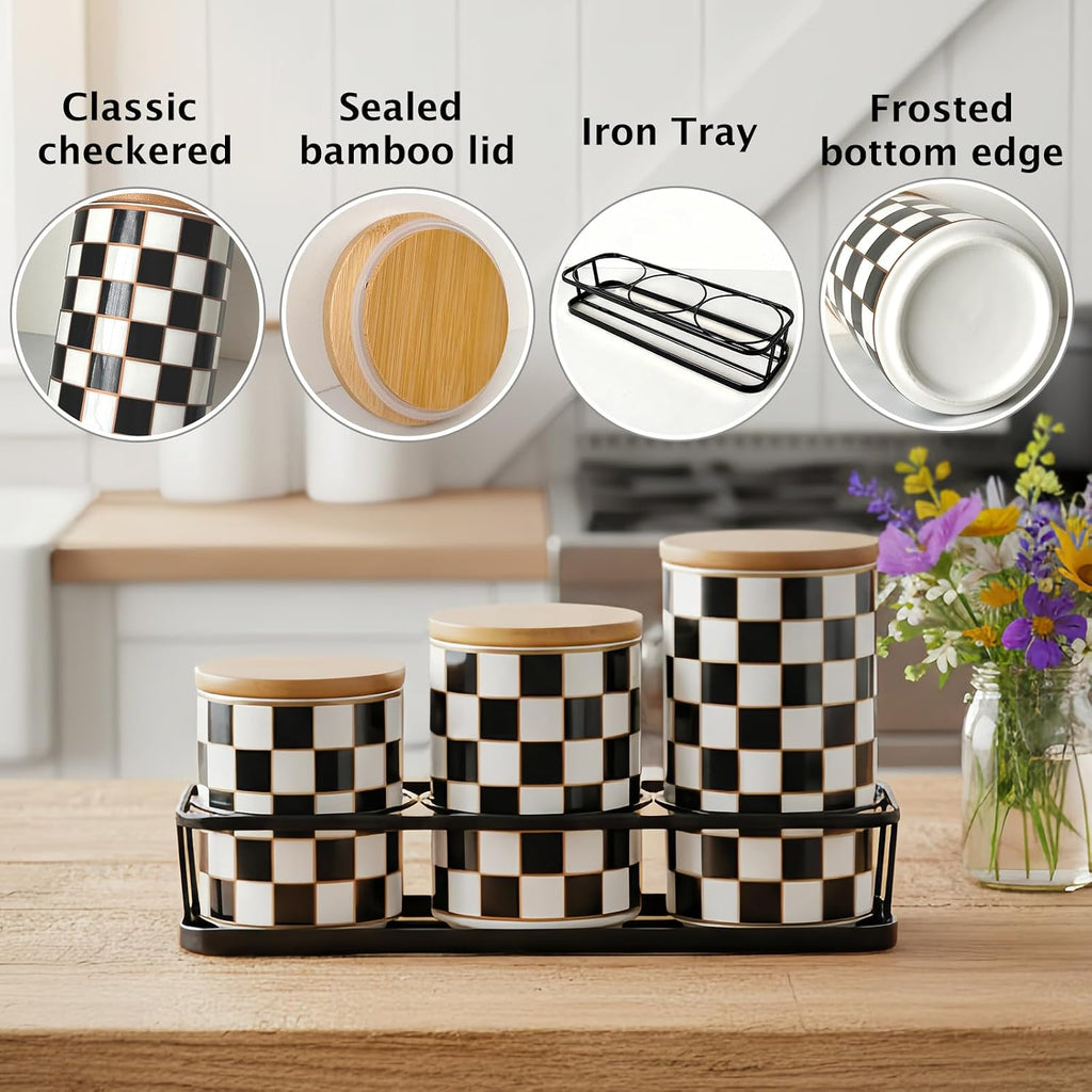 Small Checkered Kitchen Canister with Black Metal Stand,17/19/27oz - Set of 3