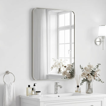 Bathroom Mirror Brushed Nickel, 24 x 32 Inch Metal Frame Rectangle Mirror Rounded Silver Modern Vanity Mirror