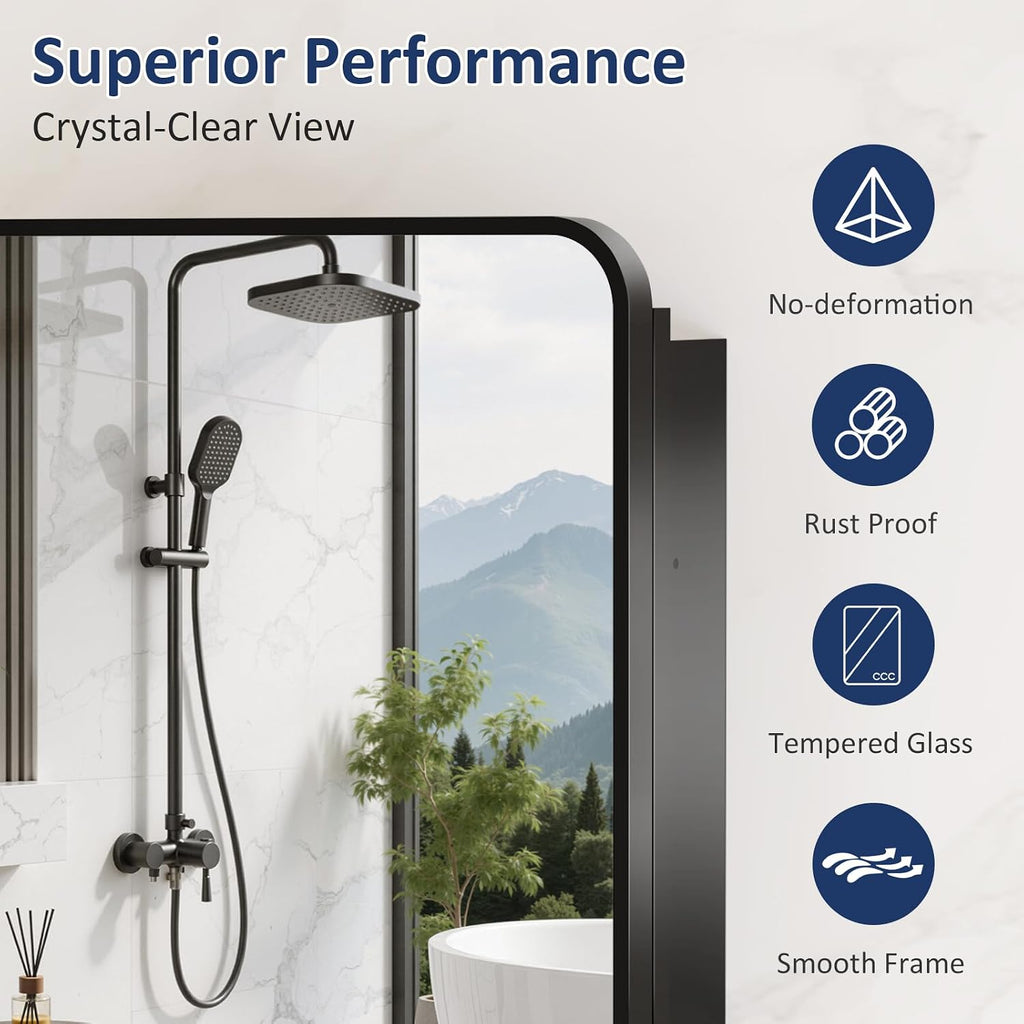 Medicine Cabinet Mirror 16x24 Inch, Black Bathroom Mirror Cabinet with Stepless Adjustable Shelves, Rounded Rectangle
