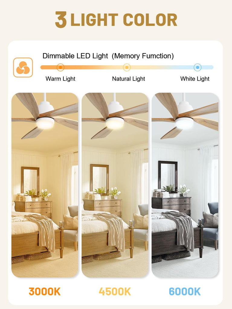52 Inch Rustic Wood Ceiling Fan with Lights and Remote, 5 Blades
