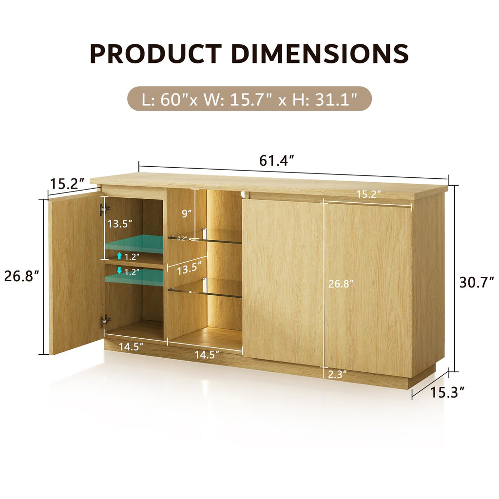 Sideboard Buffet Cabinet with Storage & LED Lights, Credenza Sideboard with Doors and Adjustable Shelves, 60" Coffee
