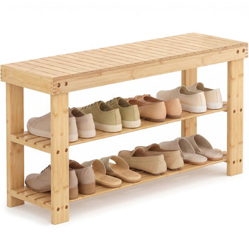 Shoe Rack Bench, 3-Tier Bamboo Shoe Organizer, Wooden Entryway Storage Bench, 286 lb Load Capacity, 11.2x35.5x17.9