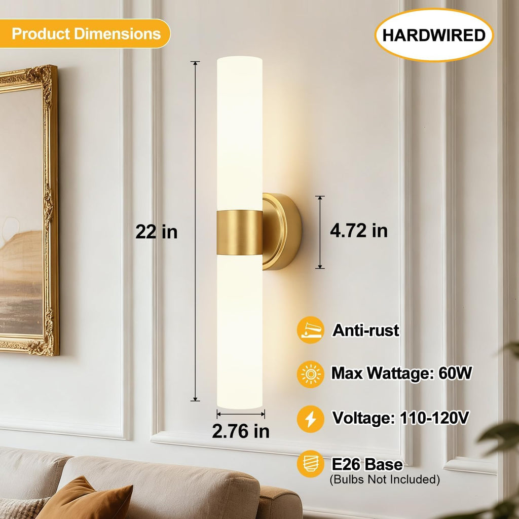 Hardwired Wall Sconces Set of Two, Modern Bathroom Sconces Wall Lighting with Milky White Glass, Brushed Gold Sconces