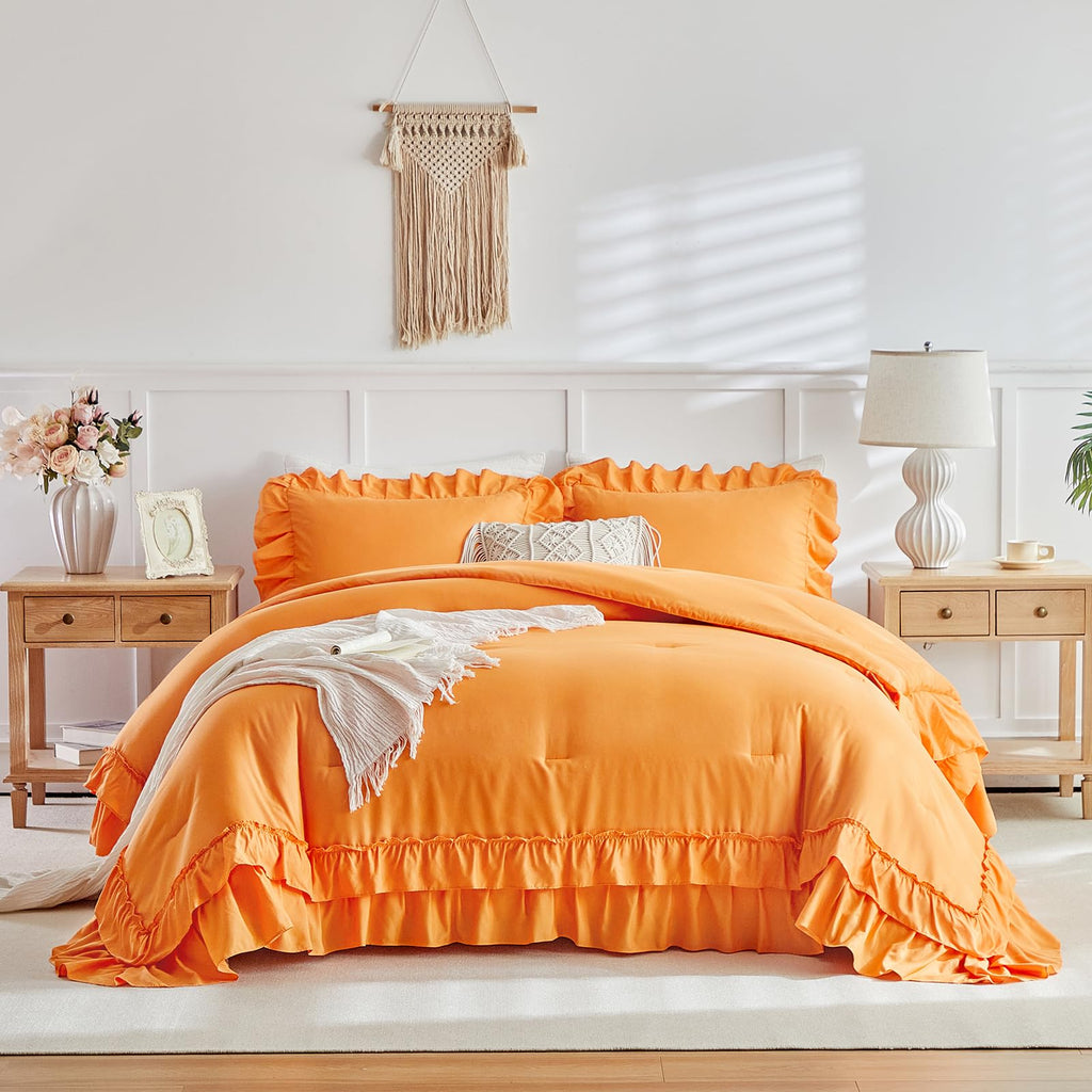 Orange Ruffle Comforter Set, 3 Pieces Vintage Farmhouse Shabby Chic Comforters, Solid Color Lightweight
