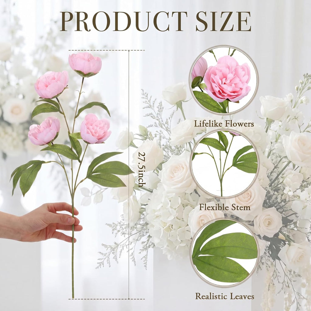 Artificial Peony Flowers, 27" Peony Branches for Vase,Light Pink - Set of 8