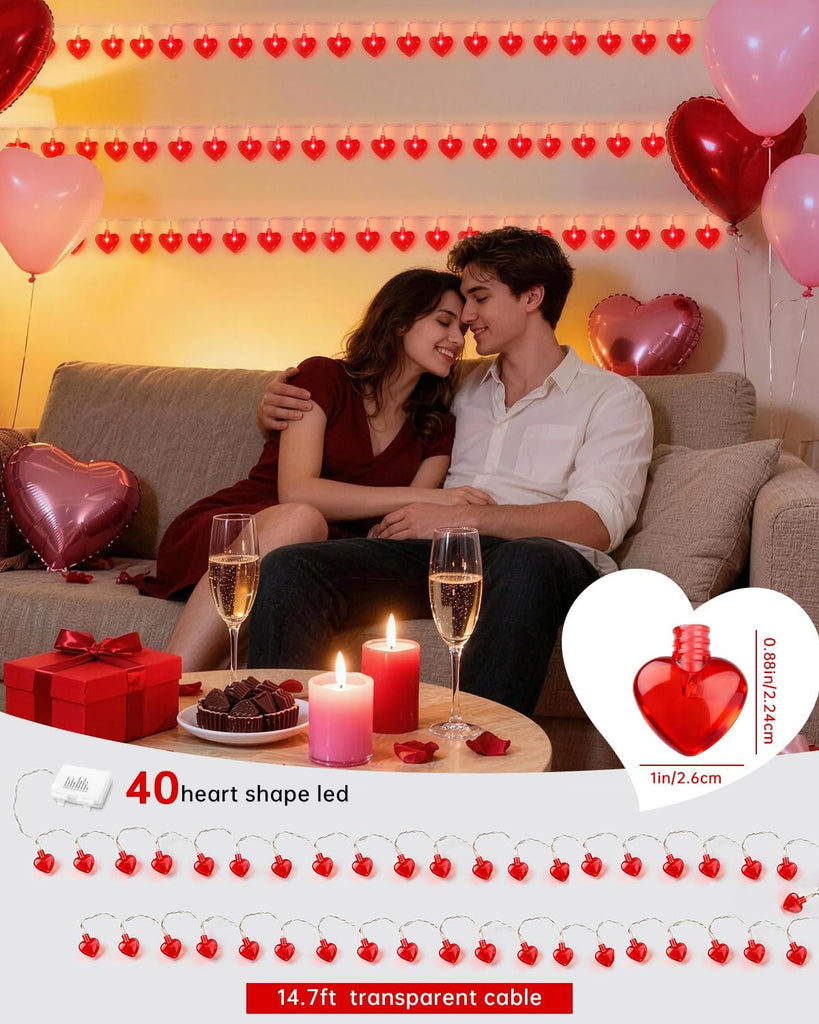 14.7ft 40LED Valentines Day Decorations String Lights, Battery Operated Heart Shape Hanging Garland Valentine's Day - Set of 40