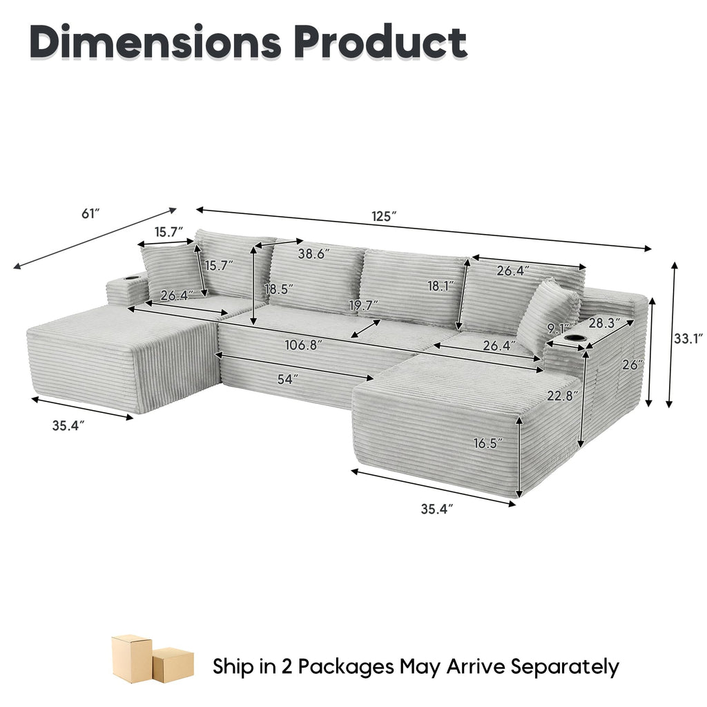 125" Oversized Cloud Boneless Couch with Chaise, Modern Modular Sofa with Deep Seat, Corduroy Upholstered U Shaped