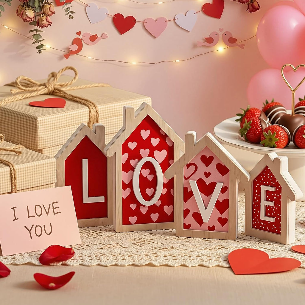 Valentines Day Decorations - 4 Pack 3D Design Wooden House Shape Sign, Valentines Day Table Decor, Valentine's Day - Set of 4
