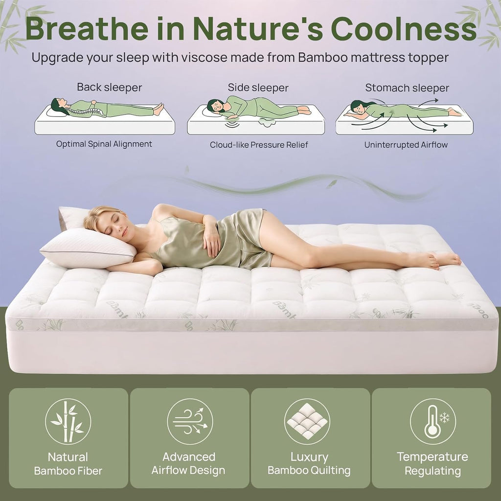 Queen Mattress Topper, 1200 GSM Viscose Derived from Bamboo Pillow-Top | Extra thick 1200 GSM, cooling bamboo viscose