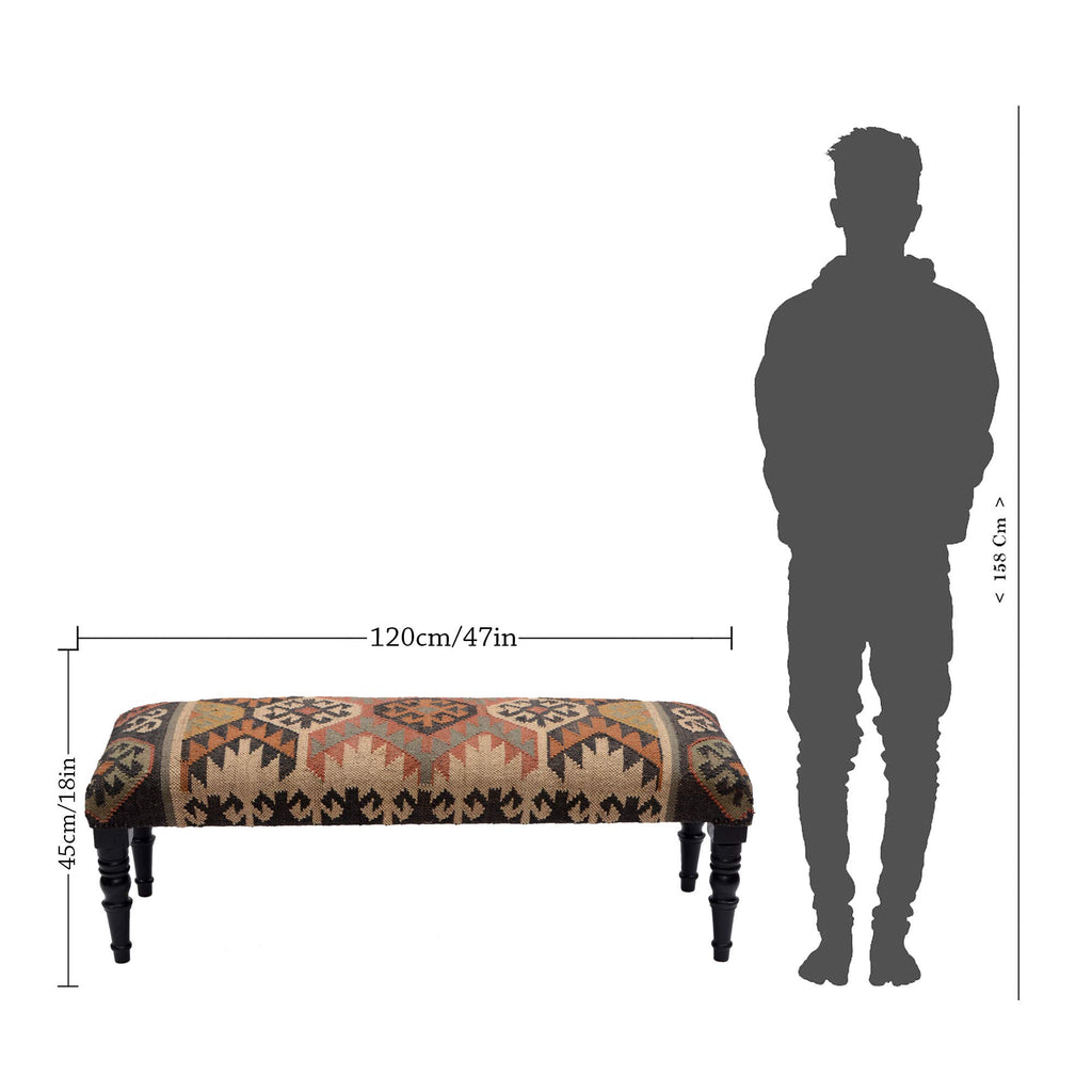 Acacia Wood Kilim Jute Fabric Upholstered Bench | Multi-Purpose Wooden Ottoman with Wool Jute, End of Bed, Hallway &