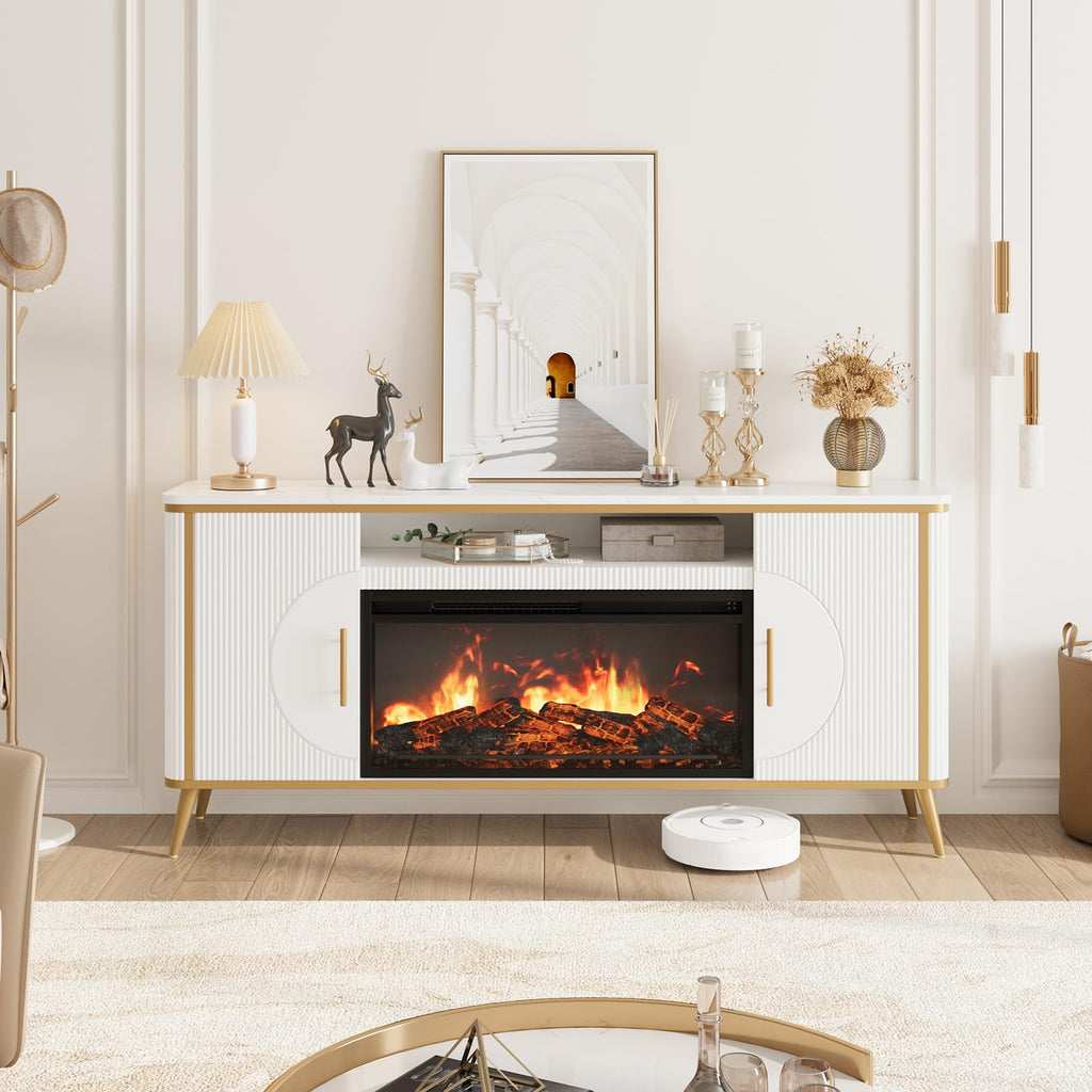 Fluted Fireplace TV Stand Up to 80" TVs, Modern Entertainment Center with 30" Electric Fireplace, Luxury Media