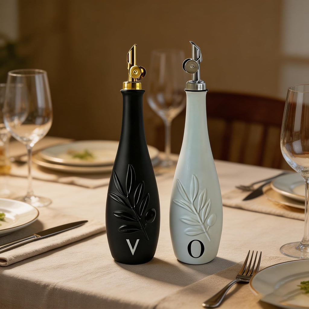 Oil and Vinegar Dispenser, 11.8oz Ceramic Leak Proof Olive Oil Bottle with Self-Closing Stainless Steel - Set of 2