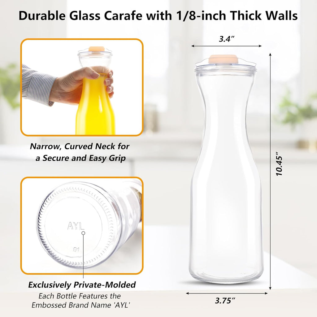 Set of 4 Glass Carafes with Flip Top Lids (40 Oz) - Clear Glass Water Pitchers and Beverage Serveware for Mimosa