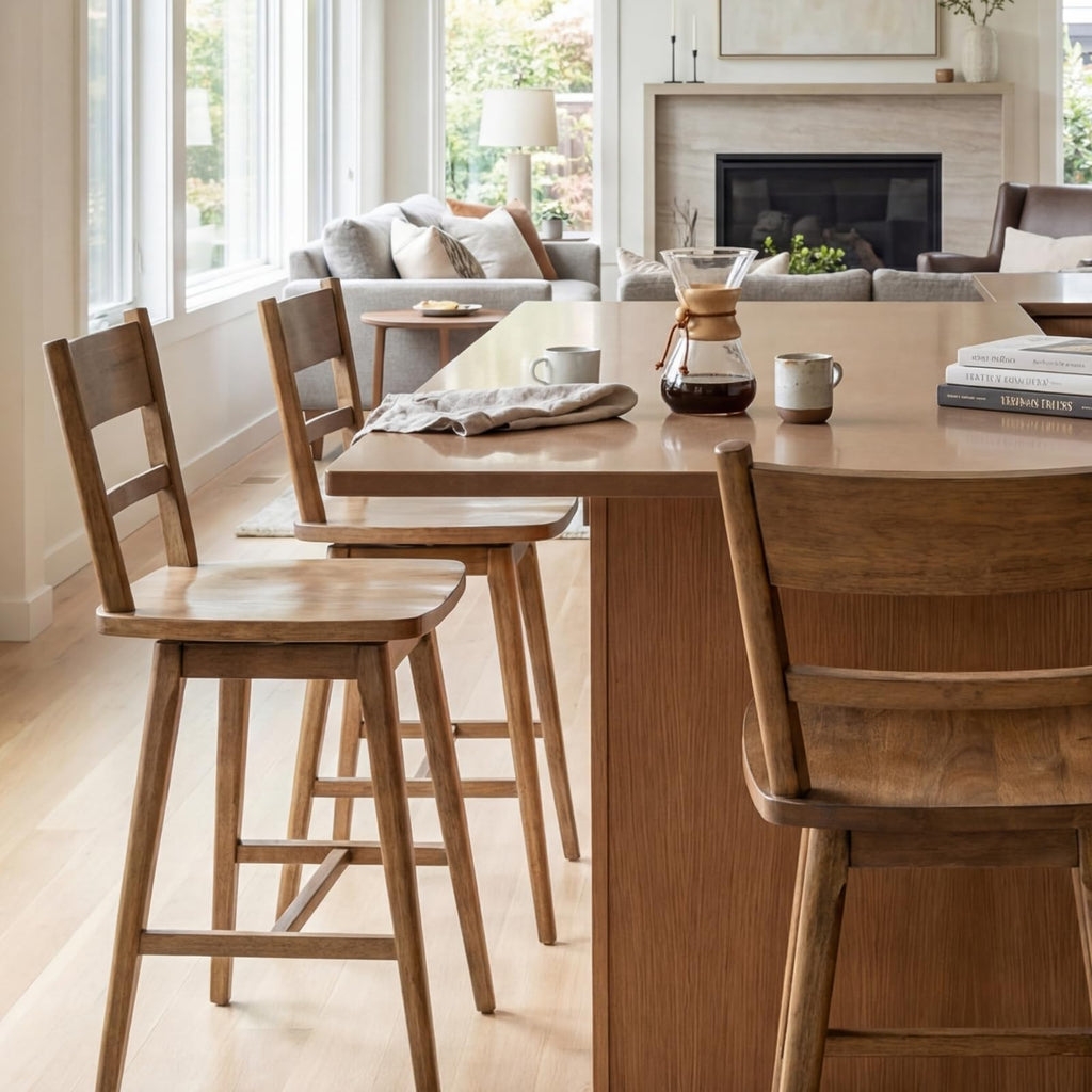Swivel Counter Stools Set of 6, 24.5" Counter Height Solid Wood Bar Stools with Back & Wood Seat, Walnut Finish, Mid