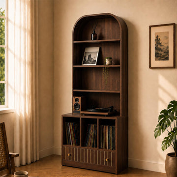 MCM Tall Record Player Bookshelf, Walnut Turntable Stand with Vinyl Storage, Drawer & Speaker Shelf, Record Player