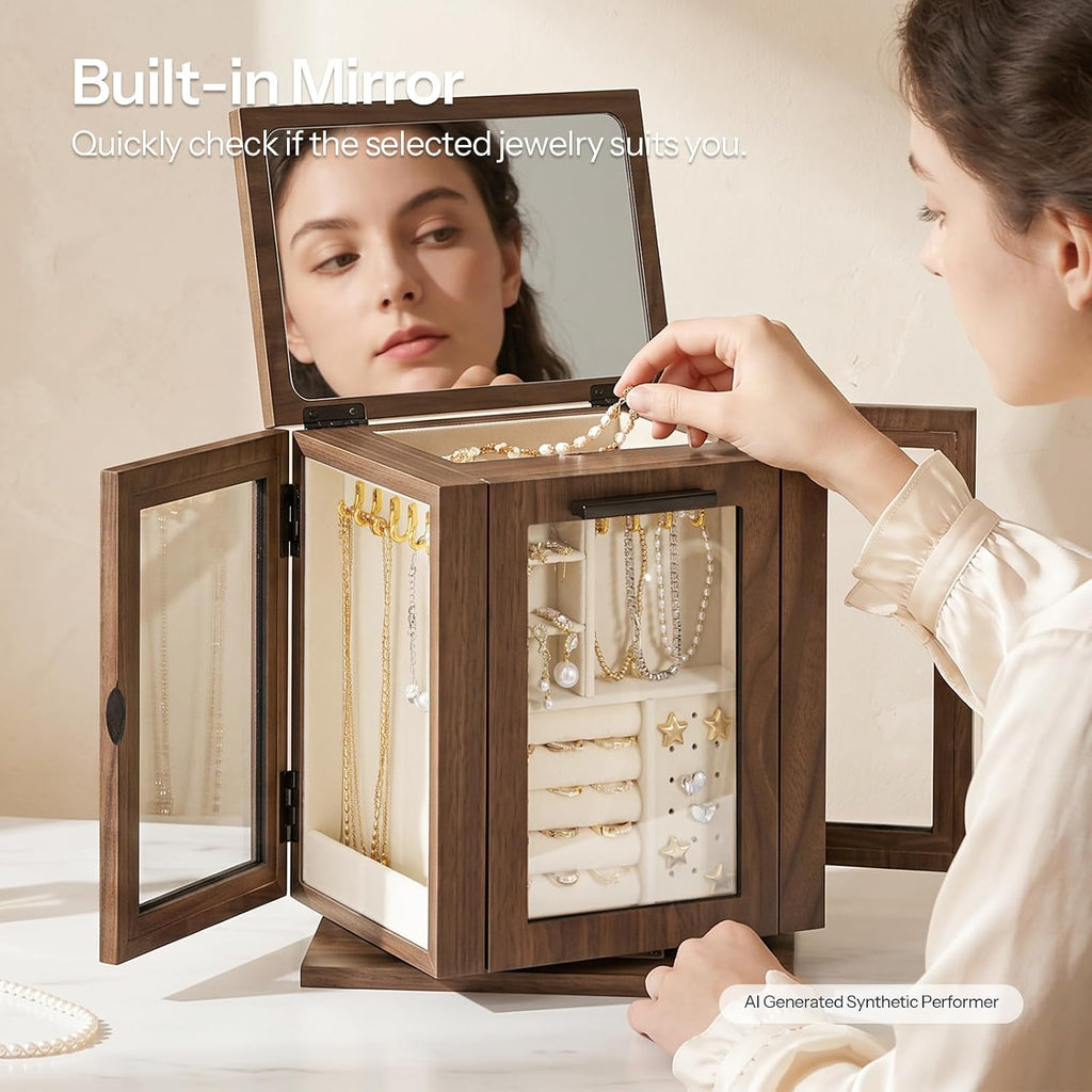 360° Rotating Jewelry Box with Mirror, Wooden Jewelry Organizer Box