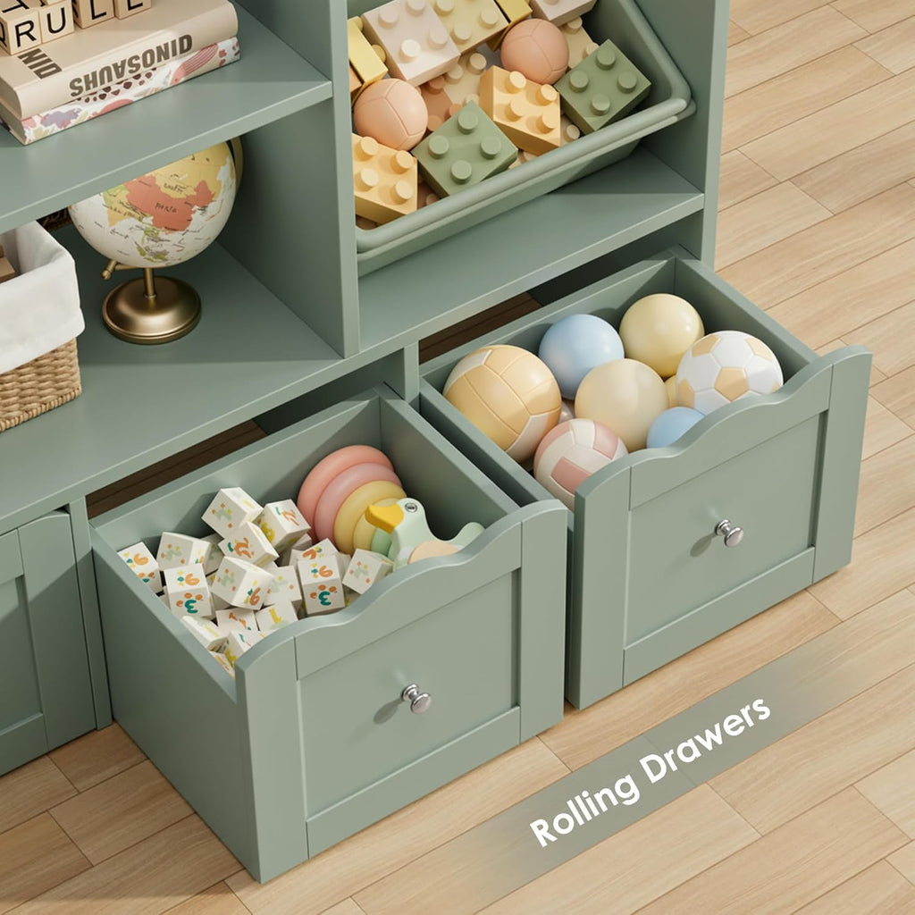 55" W Kids Toy Storage Organizer with 10 Toy Box & Book Shelf, Green | Large Toy Organizers and Storage with Kids