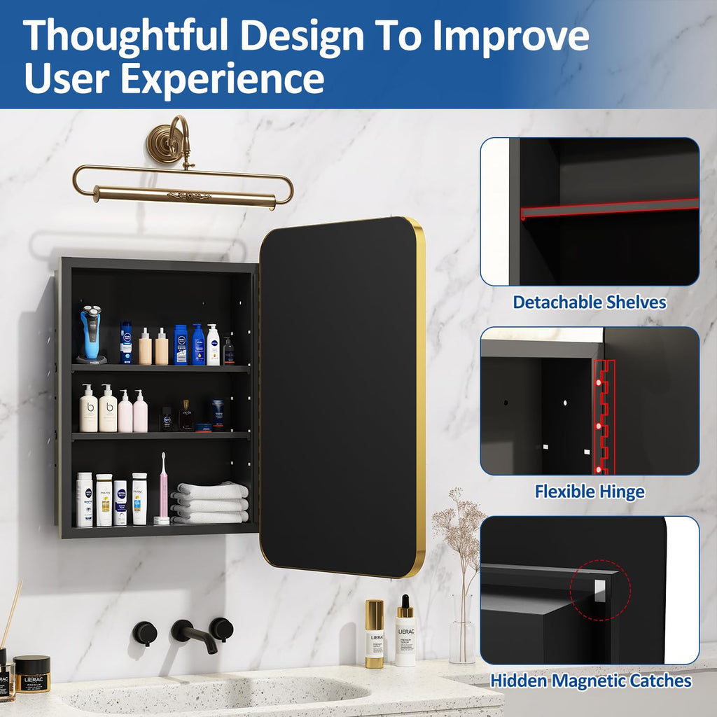 16x24 Inch Mirror Medicine Cabinet Gold Metal Frame Bathroom Medicine Cabinet with Mirror Recessed or Wall Mounted